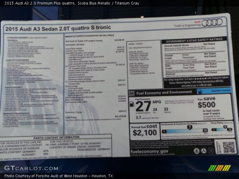 2015 A3 2.0 Premium Plus quattro Window Sticker