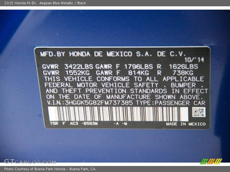 2015 Fit EX Aegean Blue Metallic Color Code B593M