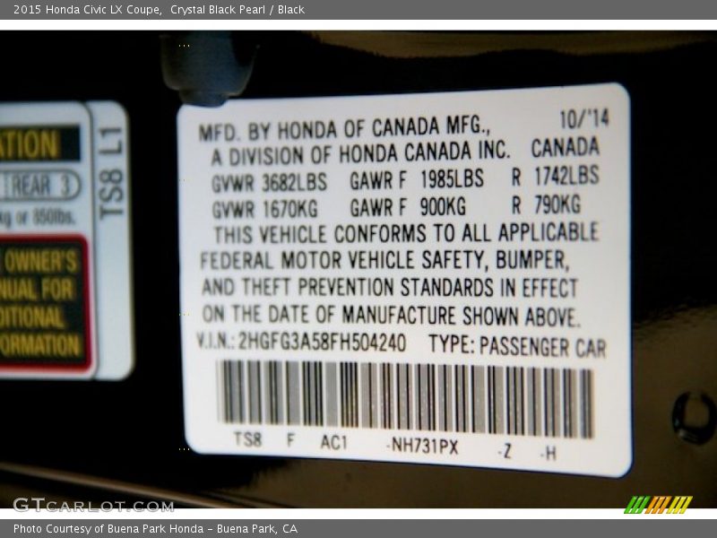 Crystal Black Pearl / Black 2015 Honda Civic LX Coupe