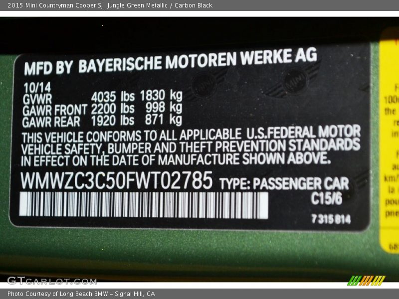 2015 Countryman Cooper S Jungle Green Metallic Color Code C15