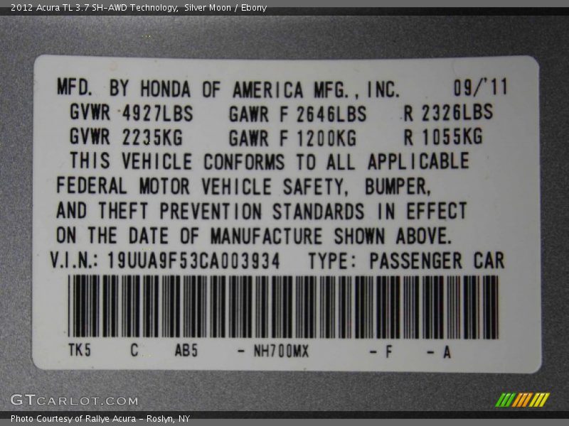 Silver Moon / Ebony 2012 Acura TL 3.7 SH-AWD Technology