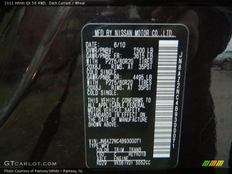 Dark Currant / Wheat 2011 Infiniti QX 56 4WD