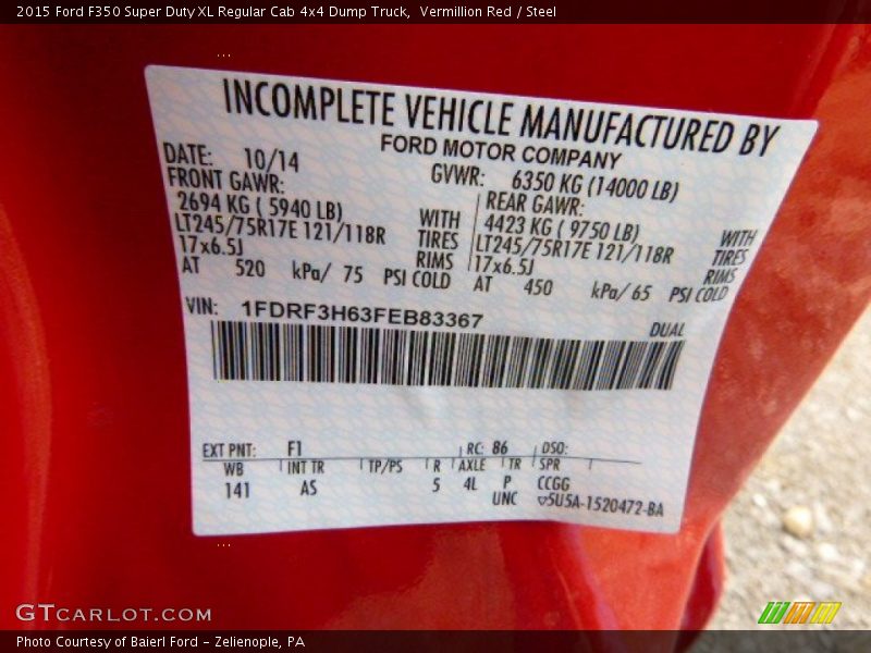 2015 F350 Super Duty XL Regular Cab 4x4 Dump Truck Vermillion Red Color Code F1
