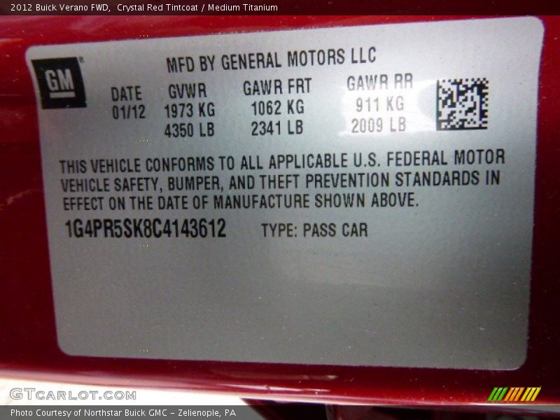 Crystal Red Tintcoat / Medium Titanium 2012 Buick Verano FWD