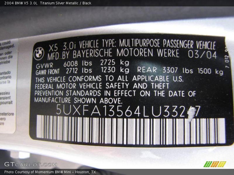 Titanium Silver Metallic / Black 2004 BMW X5 3.0i