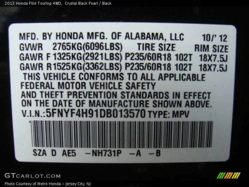 Crystal Black Pearl / Black 2013 Honda Pilot Touring 4WD