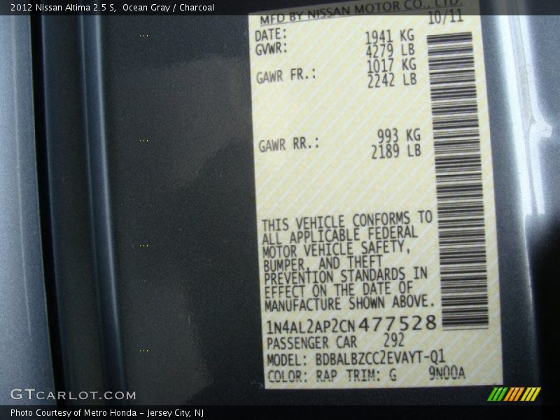 Ocean Gray / Charcoal 2012 Nissan Altima 2.5 S