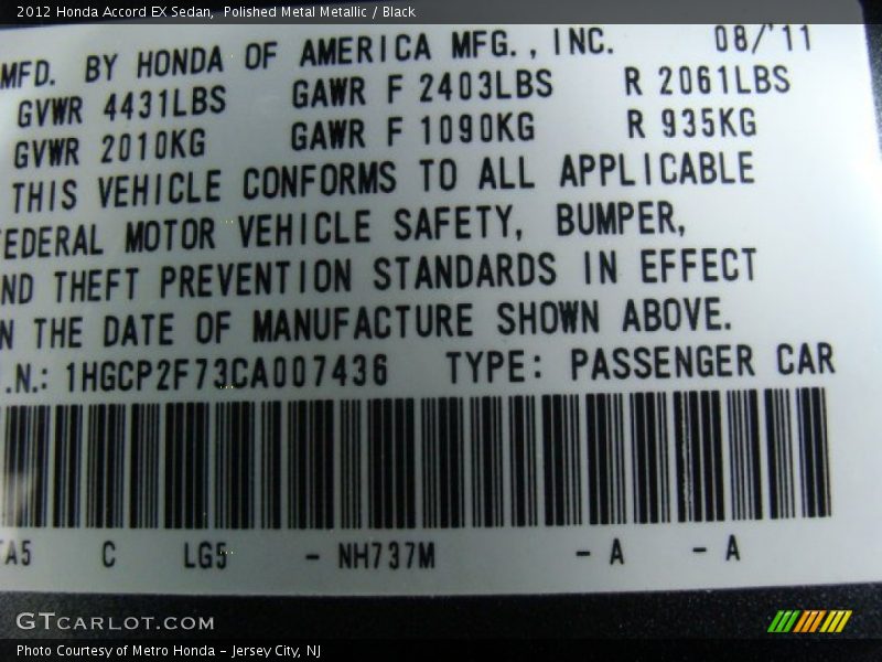 Polished Metal Metallic / Black 2012 Honda Accord EX Sedan