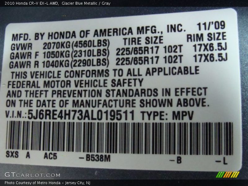 Glacier Blue Metallic / Gray 2010 Honda CR-V EX-L AWD