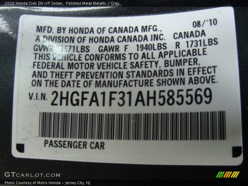 Polished Metal Metallic / Gray 2010 Honda Civic DX-VP Sedan