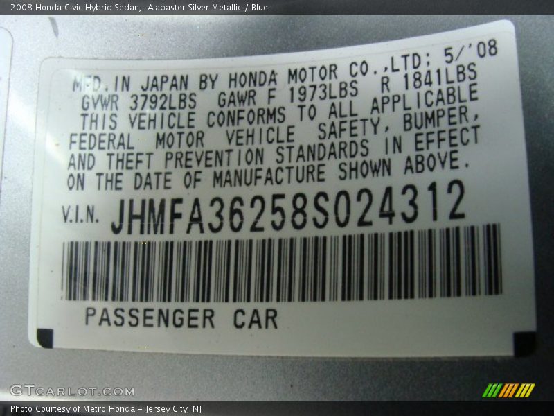 Alabaster Silver Metallic / Blue 2008 Honda Civic Hybrid Sedan