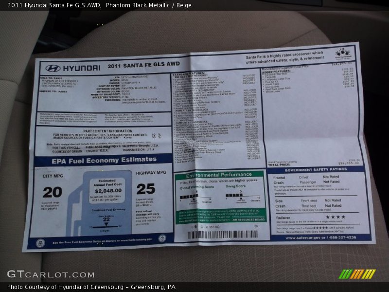 Phantom Black Metallic / Beige 2011 Hyundai Santa Fe GLS AWD