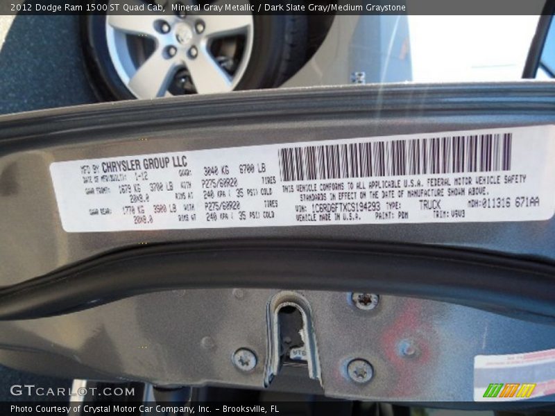Mineral Gray Metallic / Dark Slate Gray/Medium Graystone 2012 Dodge Ram 1500 ST Quad Cab