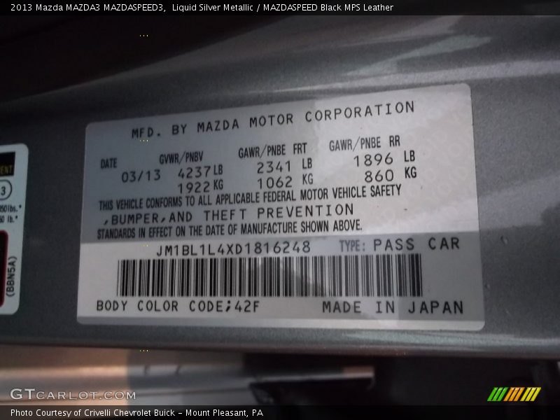 2013 MAZDA3 MAZDASPEED3 Liquid Silver Metallic Color Code 42F