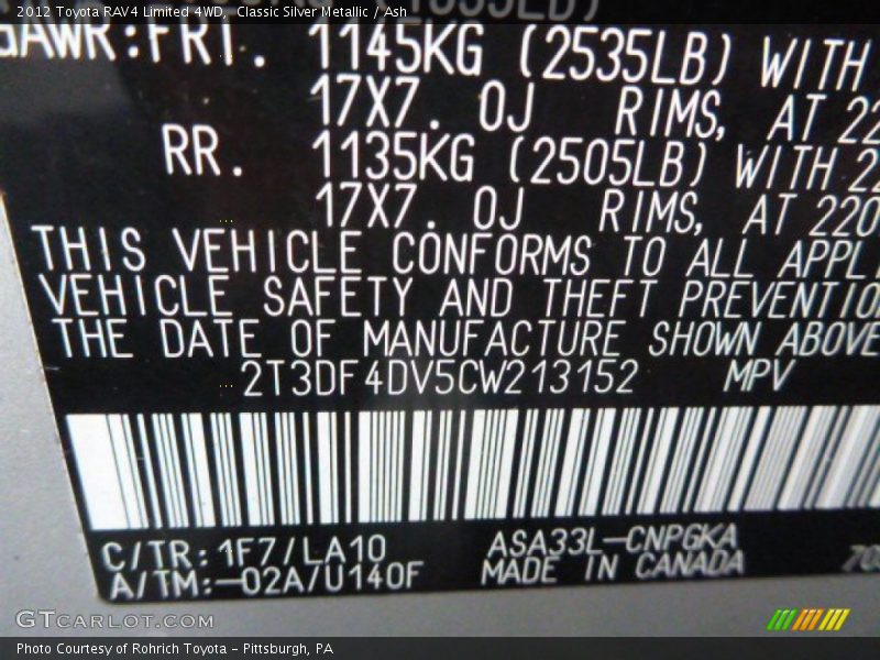 Classic Silver Metallic / Ash 2012 Toyota RAV4 Limited 4WD