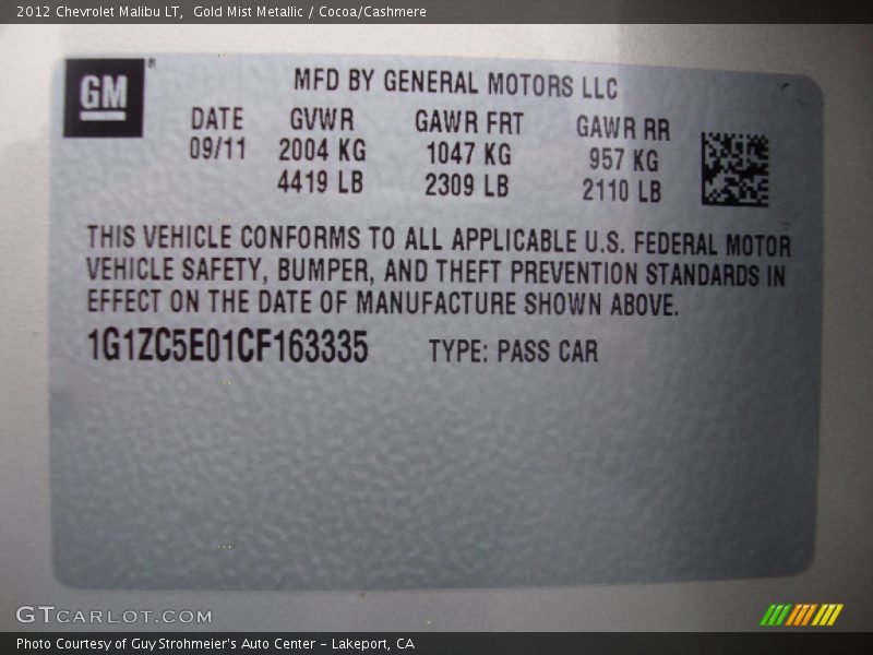 Gold Mist Metallic / Cocoa/Cashmere 2012 Chevrolet Malibu LT