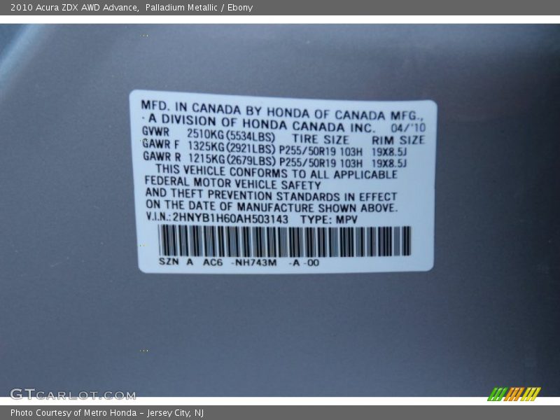 Palladium Metallic / Ebony 2010 Acura ZDX AWD Advance