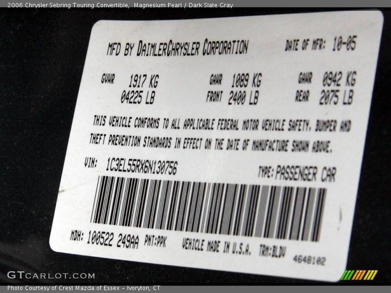Magnesium Pearl / Dark Slate Gray 2006 Chrysler Sebring Touring Convertible