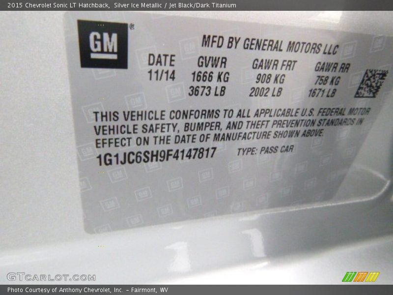 Silver Ice Metallic / Jet Black/Dark Titanium 2015 Chevrolet Sonic LT Hatchback