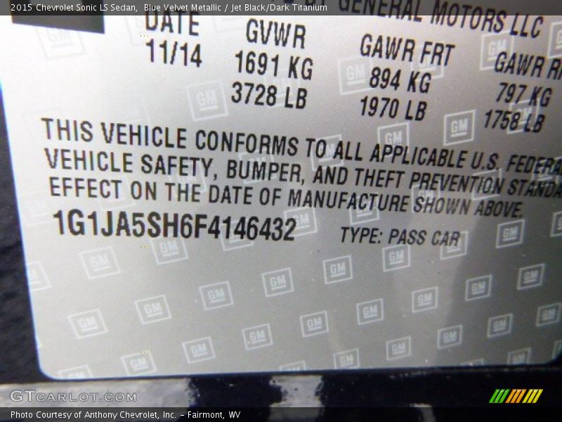 Blue Velvet Metallic / Jet Black/Dark Titanium 2015 Chevrolet Sonic LS Sedan