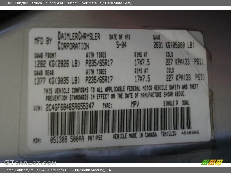 Bright Silver Metallic / Dark Slate Gray 2005 Chrysler Pacifica Touring AWD