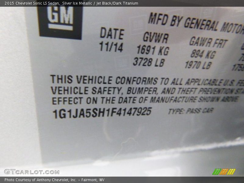 Silver Ice Metallic / Jet Black/Dark Titanium 2015 Chevrolet Sonic LS Sedan