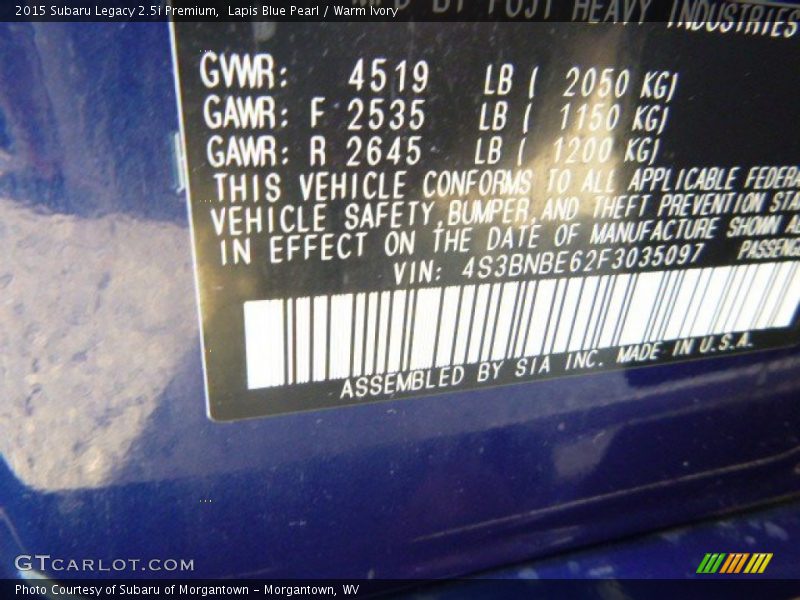 Lapis Blue Pearl / Warm Ivory 2015 Subaru Legacy 2.5i Premium