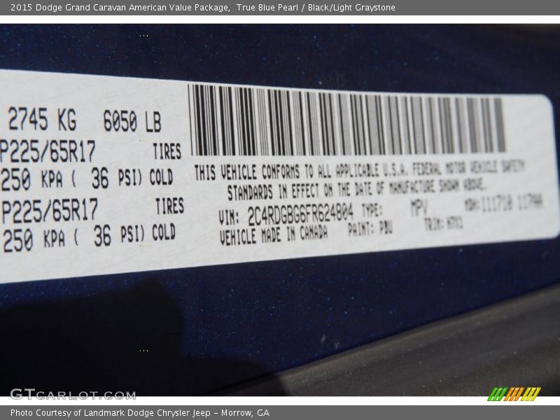 2015 Grand Caravan American Value Package True Blue Pearl Color Code PBU