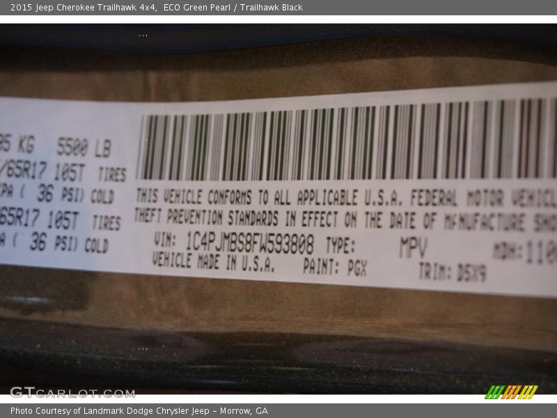 2015 Cherokee Trailhawk 4x4 ECO Green Pearl Color Code PGX