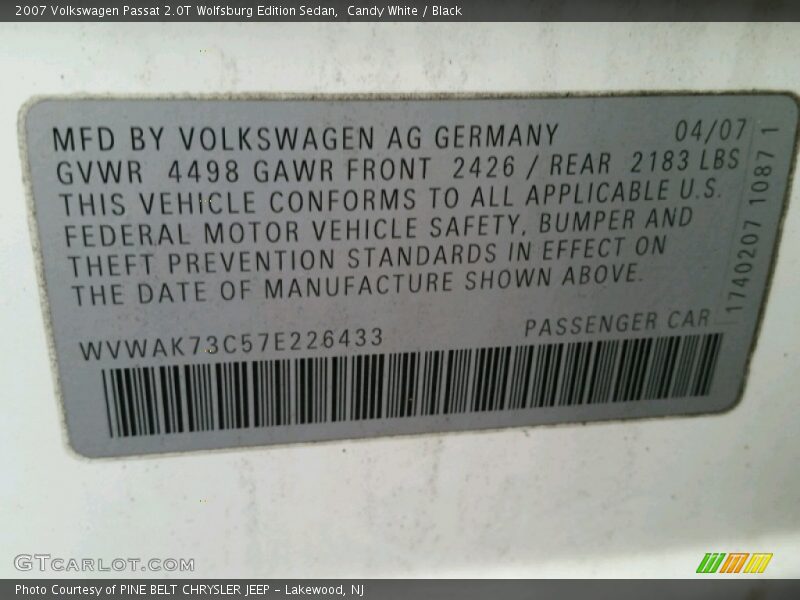 Candy White / Black 2007 Volkswagen Passat 2.0T Wolfsburg Edition Sedan
