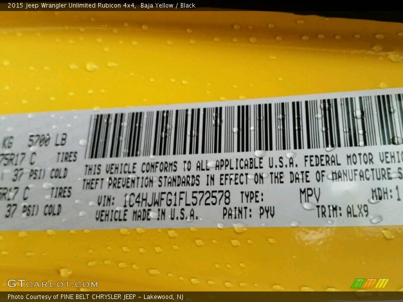 2015 Wrangler Unlimited Rubicon 4x4 Baja Yellow Color Code PYV