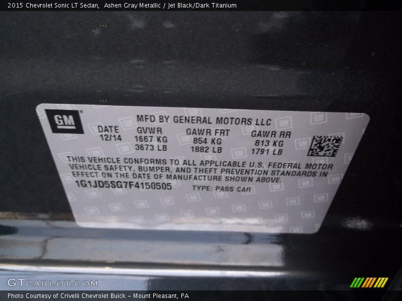 Ashen Gray Metallic / Jet Black/Dark Titanium 2015 Chevrolet Sonic LT Sedan