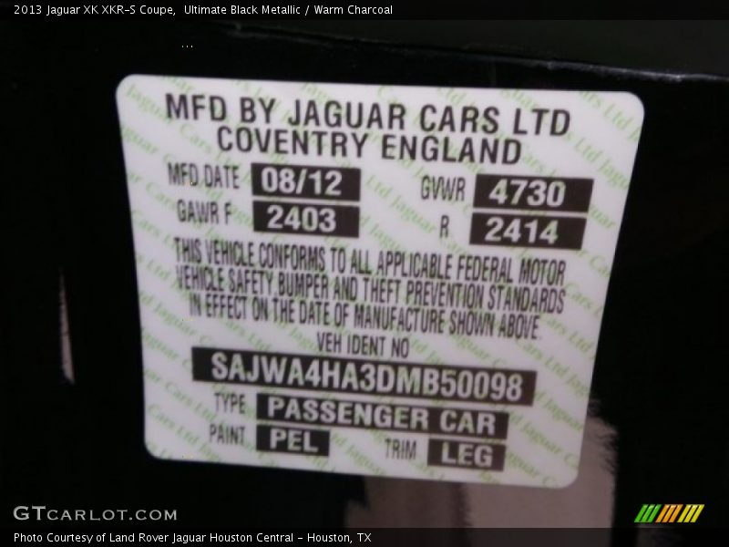 2013 XK XKR-S Coupe Ultimate Black Metallic Color Code PEL