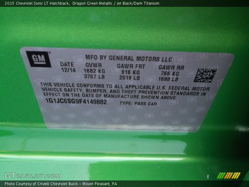 Info Tag of 2015 Sonic LT Hatchback