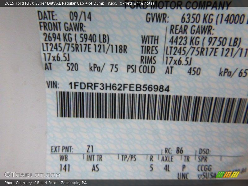 Oxford White / Steel 2015 Ford F350 Super Duty XL Regular Cab 4x4 Dump Truck