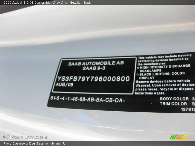 Snow Silver Metallic / Black 2009 Saab 9-3 2.0T Convertible