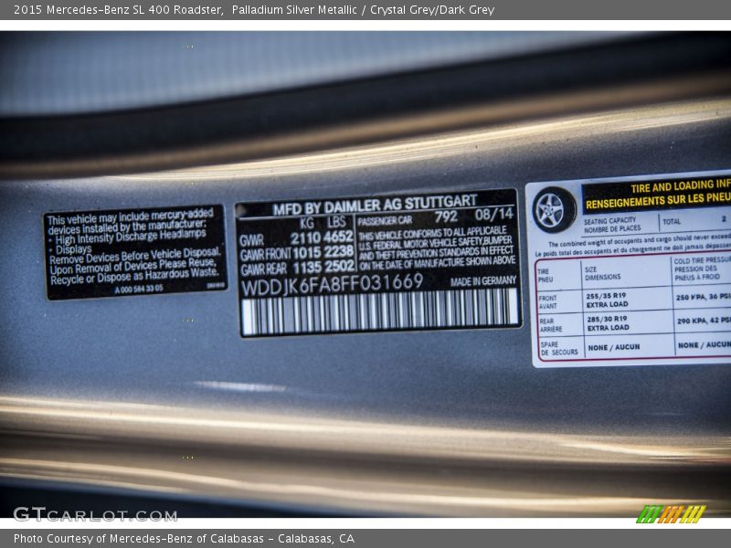 2015 SL 400 Roadster Palladium Silver Metallic Color Code 792