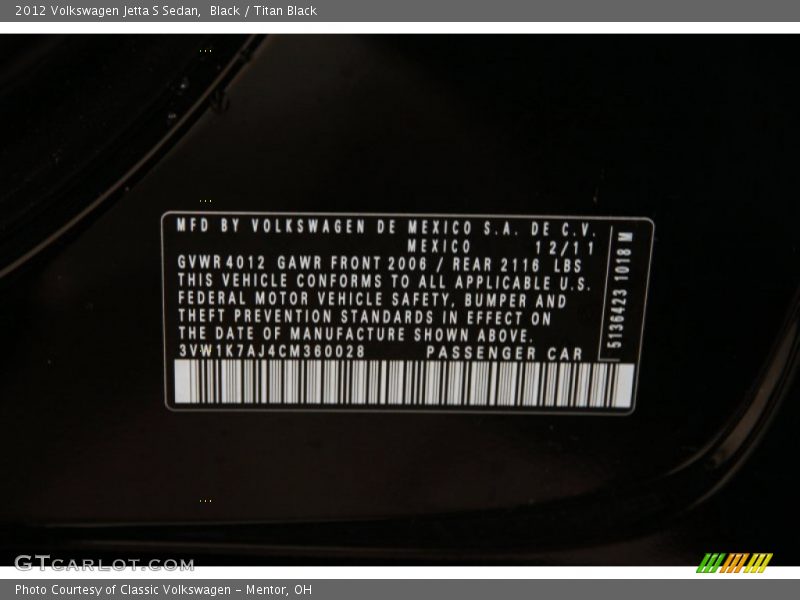 Black / Titan Black 2012 Volkswagen Jetta S Sedan