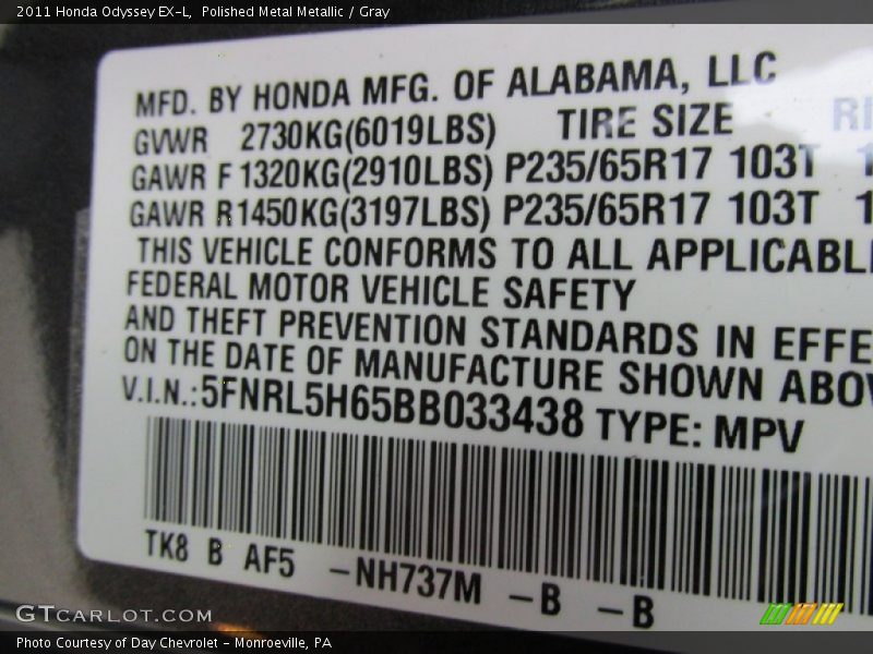 Polished Metal Metallic / Gray 2011 Honda Odyssey EX-L