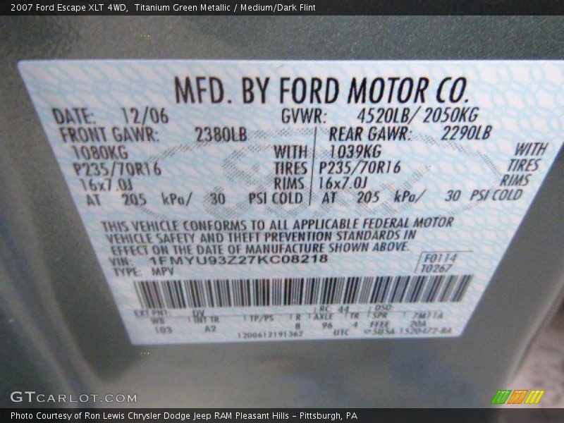 Titanium Green Metallic / Medium/Dark Flint 2007 Ford Escape XLT 4WD