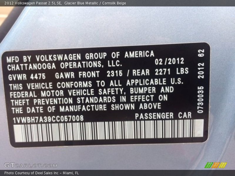 Glacier Blue Metallic / Cornsilk Beige 2012 Volkswagen Passat 2.5L SE
