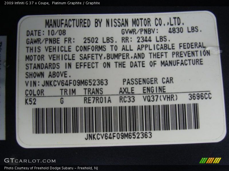 Platinum Graphite / Graphite 2009 Infiniti G 37 x Coupe