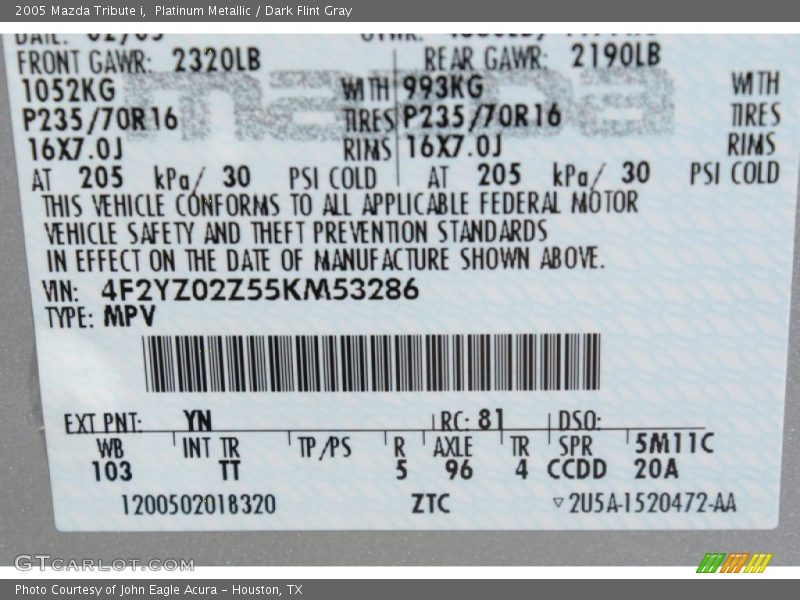 Platinum Metallic / Dark Flint Gray 2005 Mazda Tribute i