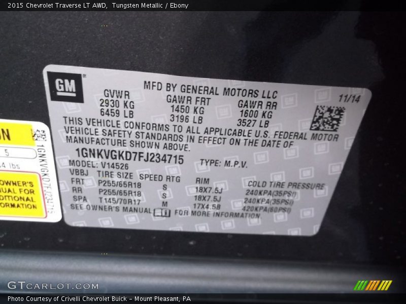 Tungsten Metallic / Ebony 2015 Chevrolet Traverse LT AWD