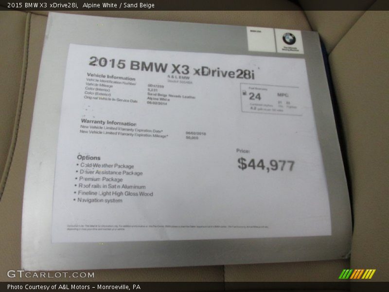 Alpine White / Sand Beige 2015 BMW X3 xDrive28i