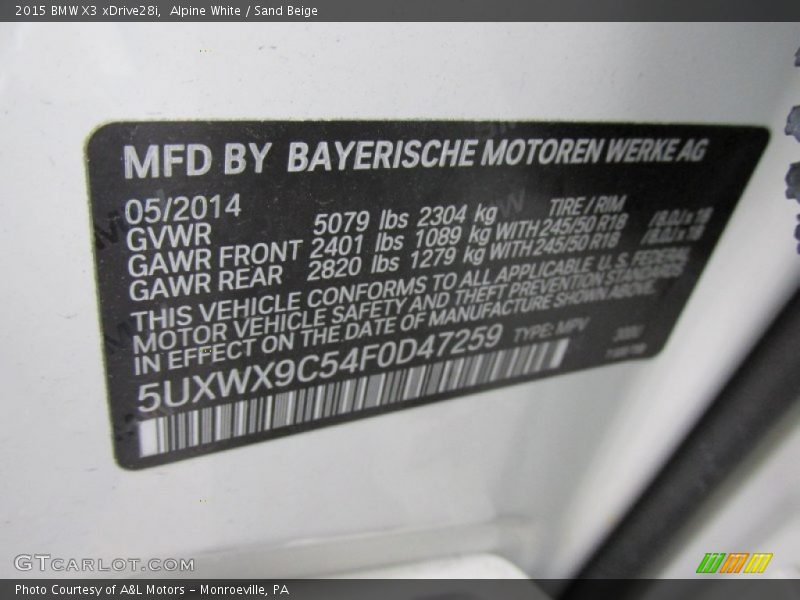Alpine White / Sand Beige 2015 BMW X3 xDrive28i