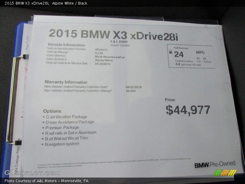 Alpine White / Black 2015 BMW X3 xDrive28i