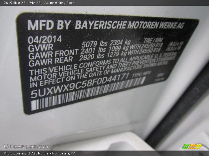 Alpine White / Black 2015 BMW X3 xDrive28i