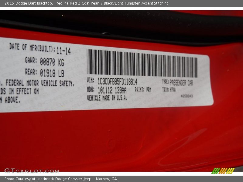 Redline Red 2 Coat Pearl / Black/Light Tungsten Accent Stitching 2015 Dodge Dart Blacktop