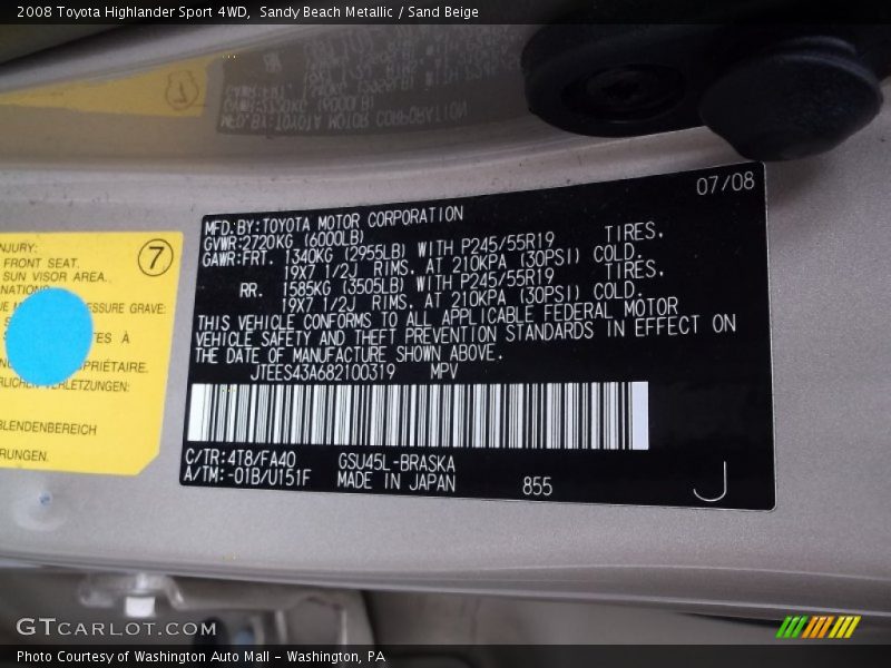 Sandy Beach Metallic / Sand Beige 2008 Toyota Highlander Sport 4WD